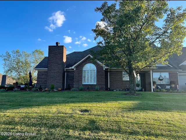 7912 Eagle Trace Dr, Louisville, KY 40291 - view of front of house featuring a chimney, brick siding, a front yard, and roof with shingles