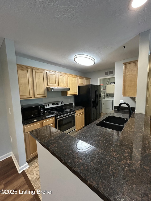 8411 Ambrosse Ln Unit 104, Louisville, KY 40299 - kitchen with black appliances, a sink, under cabinet range hood, light brown cabinets, and baseboards