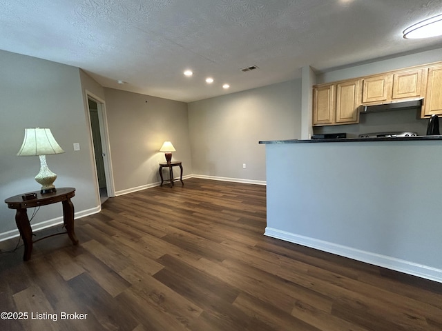 8411 Ambrosse Ln Unit 104, Louisville, KY 40299 - kitchen featuring recessed lighting, dark wood-style flooring, baseboards, light brown cabinetry, and dark countertops