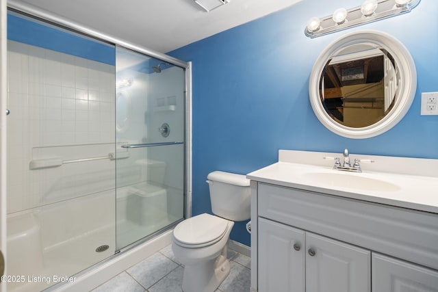 12100 Edenwood Dr, Louisville, KY 40243 - bathroom with tile patterned floors, a stall shower, toilet, vanity, and baseboards