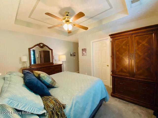 bedroom with a raised ceiling, light carpet, and ceiling fan