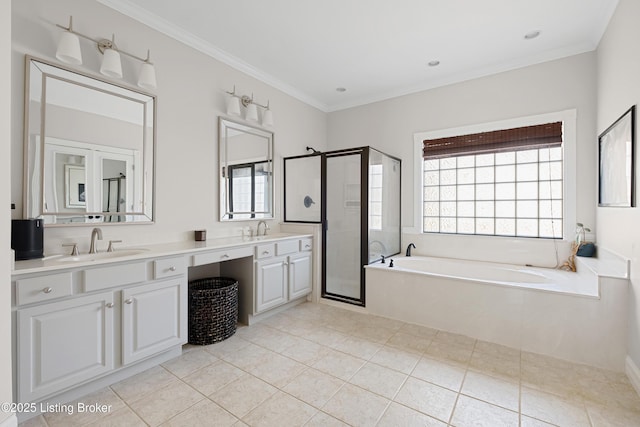 7006 Breakwater Pl, Prospect, KY 40059 - bathroom featuring a garden tub, a shower stall, double vanity, ornamental molding, and tile patterned floors