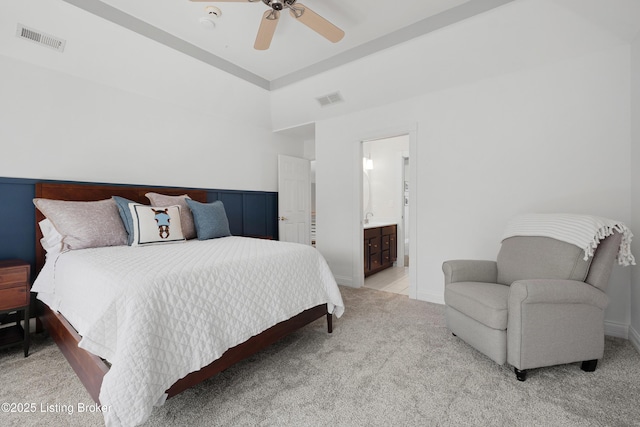 7006 Breakwater Pl, Prospect, KY 40059 - bedroom with light carpet, connected bathroom, and ceiling fan
