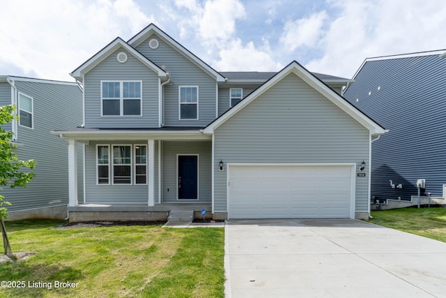 7618 Fair Ln, Louisville, KY 40291 - traditional-style house featuring covered porch, driveway, an attached garage, and a front lawn