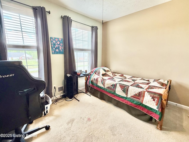 bedroom with carpet floors, a textured ceiling, and baseboards