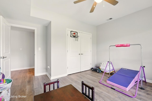 3403 Heather Wood Dr, La Grange, KY 40031 - rec room with a ceiling fan, wood finished floors, and baseboards