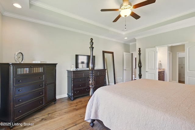 3403 Heather Wood Dr, La Grange, KY 40031 - bedroom with a tray ceiling, light wood finished floors, baseboards, crown molding, and recessed lighting