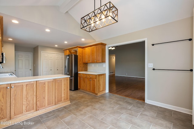 1613 E Crystal Dr, La Grange, KY 40031 - kitchen with stainless steel appliances, recessed lighting, light countertops, a chandelier, and light tile patterned flooring