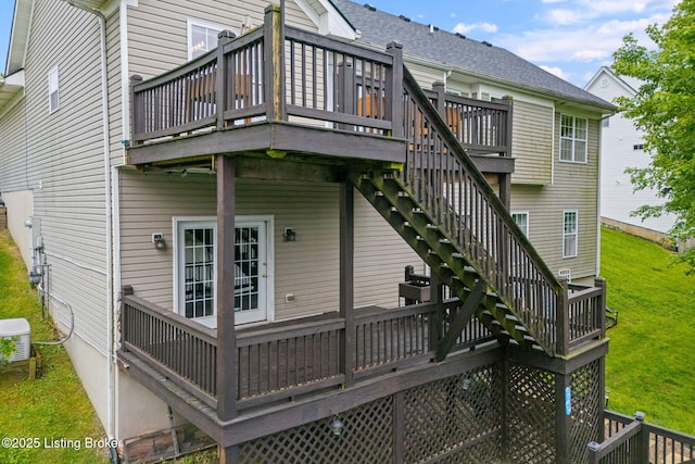 1613 E Crystal Dr, La Grange, KY 40031 - back of property featuring a wooden deck, a lawn, and stairs