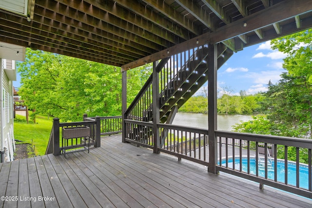 1613 E Crystal Dr, La Grange, KY 40031 - wooden deck with stairway and a water view