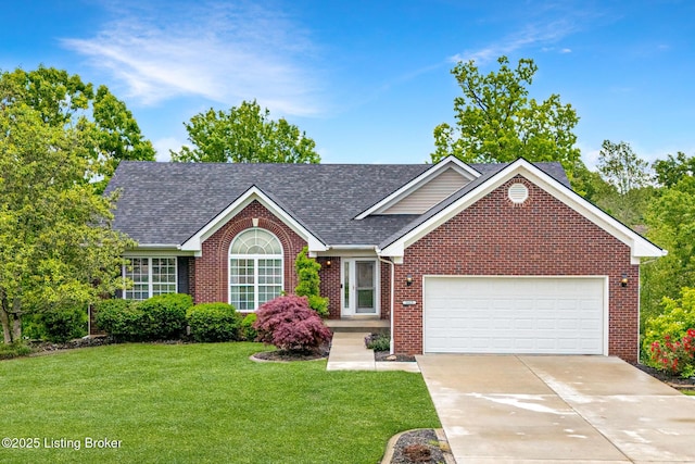 1613 E Crystal Dr, La Grange, KY 40031 - view of front of house with brick siding, an attached garage, a front yard, driveway, and roof with shingles