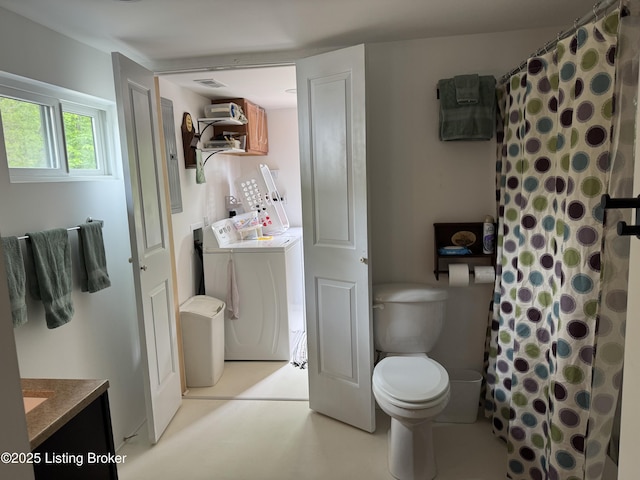 3031 Beech Grove Rd, Lebanon Junction, KY 40150 - bathroom with vanity, toilet, curtained shower, and washer and clothes dryer