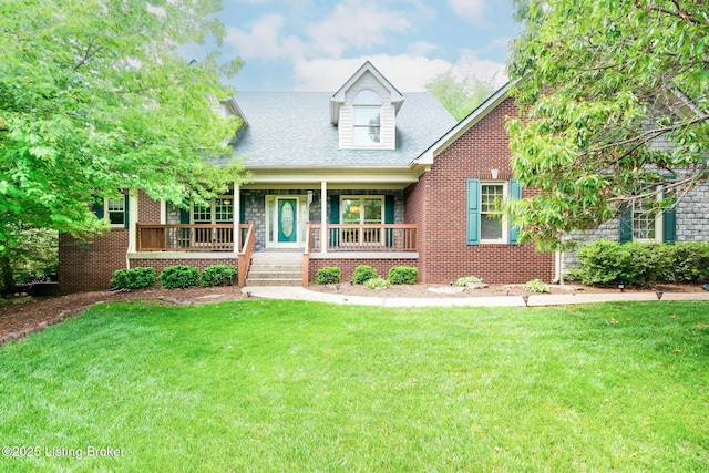 6516 Norman Ct, Crestwood, KY 40014 - cape cod home featuring covered porch, a front lawn, brick siding, and roof with shingles