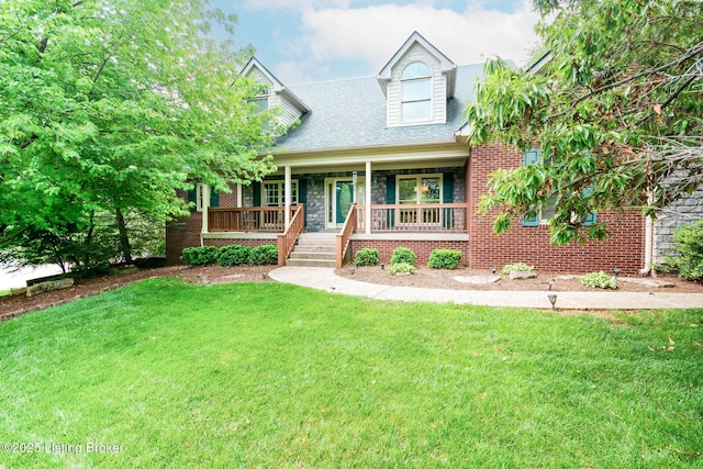 6516 Norman Ct, Crestwood, KY 40014 - new england style home featuring a front lawn, covered porch, brick siding, and a shingled roof