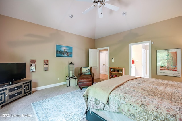 6516 Norman Ct, Crestwood, KY 40014 - bedroom with carpet flooring, high vaulted ceiling, baseboards, and a ceiling fan
