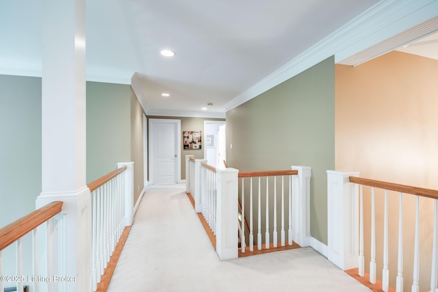 6516 Norman Ct, Crestwood, KY 40014 - corridor featuring an upstairs landing, crown molding, light carpet, and recessed lighting