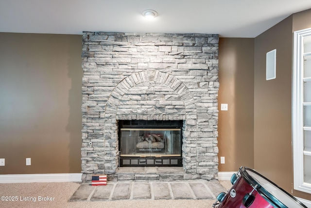 6516 Norman Ct, Crestwood, KY 40014 - detailed view of carpet floors, baseboards, and a stone fireplace