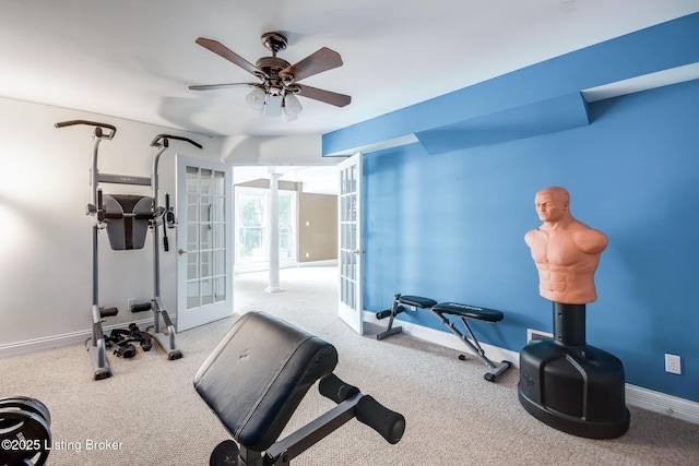 6516 Norman Ct, Crestwood, KY 40014 - exercise area featuring carpet flooring, ceiling fan, baseboards, and french doors