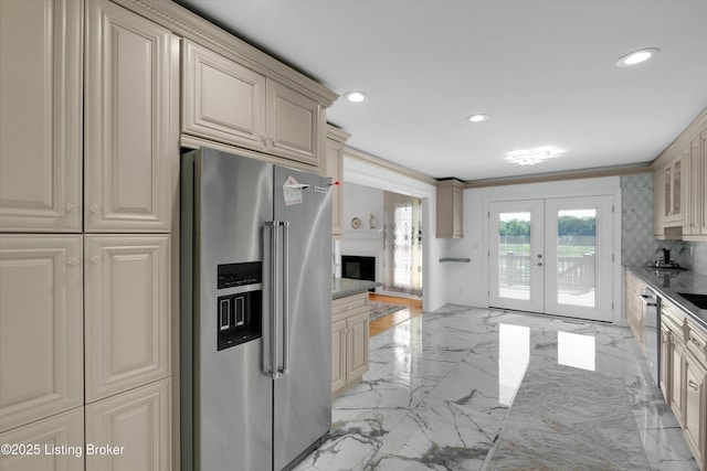 7911 Windgate Dr, Louisville, KY 40291 - kitchen featuring high end fridge, cream cabinets, light marble finish floors, french doors, and recessed lighting
