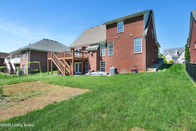 7911 Windgate Dr, Louisville, KY 40291 - rear view of house with stairway, a wooden deck, central AC unit, french doors, and brick siding