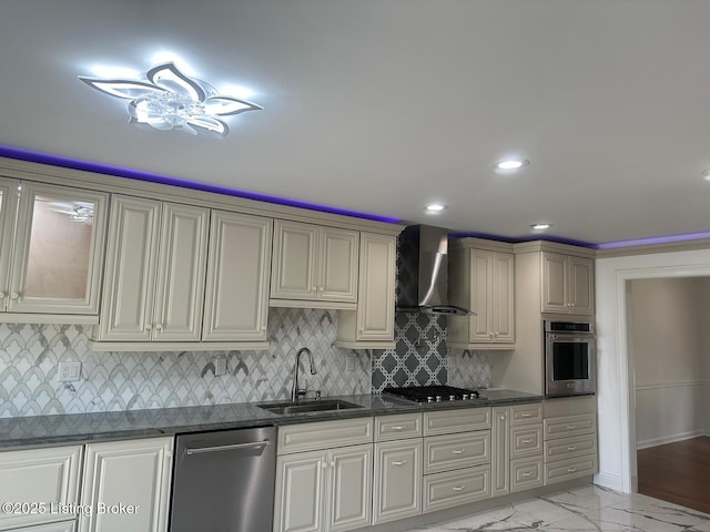 7911 Windgate Dr, Louisville, KY 40291 - kitchen featuring appliances with stainless steel finishes, a sink, wall chimney range hood, backsplash, and light marble finish flooring