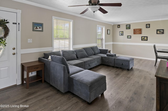 2010 Beech Grove Rd, Shepherdsville, KY 40165 - living room featuring ceiling fan, wood finished floors, crown molding, and a textured ceiling