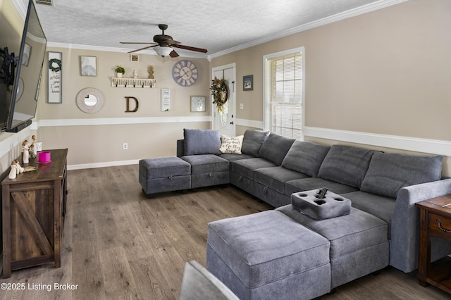 2010 Beech Grove Rd, Shepherdsville, KY 40165 - living room featuring ceiling fan, wood finished floors, a textured ceiling, ornamental molding, and baseboards