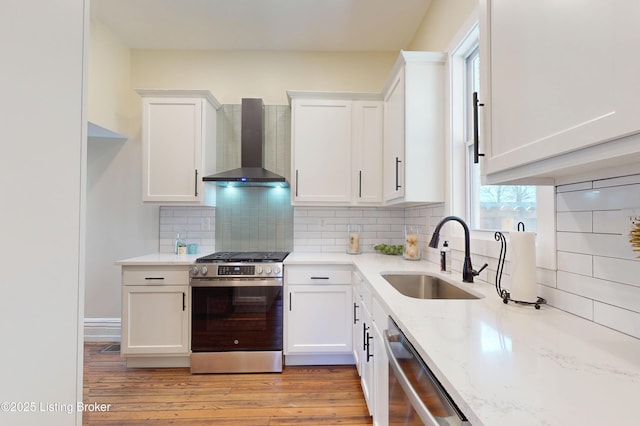 1228 S Floyd St, Louisville, KY 40203 - kitchen featuring appliances with stainless steel finishes, wall chimney range hood, a sink, and white cabinetry
