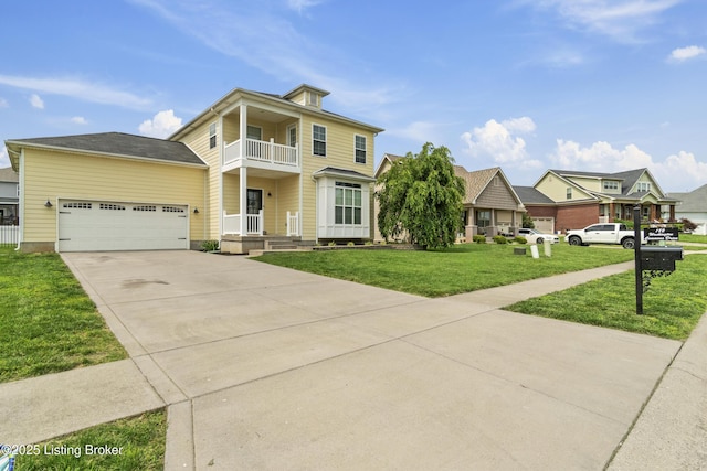 182 Washington Commons Dr, Mt Washington, KY 40047 - view of front facade with a balcony, concrete driveway, a garage, a front lawn, and covered porch