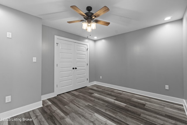 182 Washington Commons Dr, Mt Washington, KY 40047 - unfurnished bedroom with dark wood-style flooring, baseboards, recessed lighting, a closet, and ceiling fan
