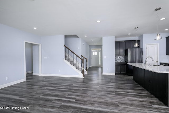 14341 Halden Ridge Way, Louisville, KY 40245 - kitchen featuring a sink, freestanding refrigerator, recessed lighting, dark wood-type flooring, and baseboards