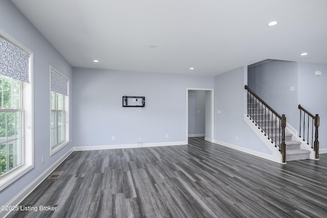 14341 Halden Ridge Way, Louisville, KY 40245 - unfurnished living room with dark wood-style flooring, recessed lighting, stairs, and baseboards