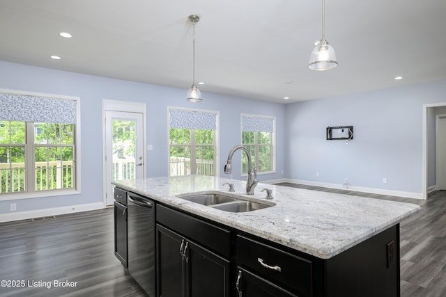 14341 Halden Ridge Way, Louisville, KY 40245 - kitchen featuring a sink, stainless steel dishwasher, dark cabinetry, pendant lighting, and recessed lighting