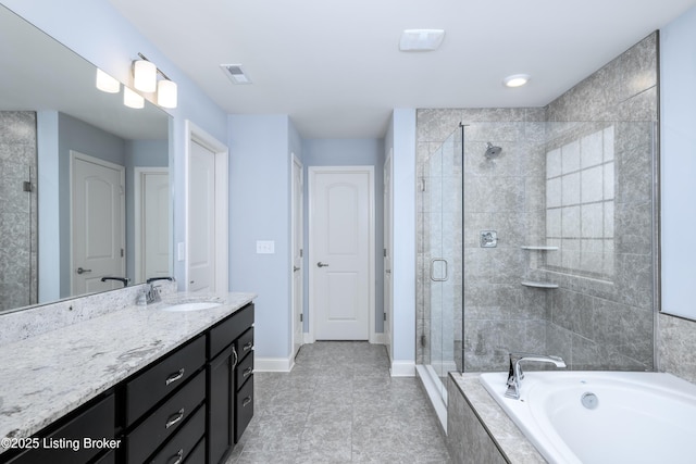 14341 Halden Ridge Way, Louisville, KY 40245 - bathroom featuring a shower stall, vanity, a garden tub, baseboards, and tile patterned floors