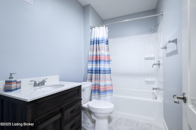 14341 Halden Ridge Way, Louisville, KY 40245 - full bath with toilet, shower / bathtub combination with curtain, vanity, baseboards, and marble look tile flooring
