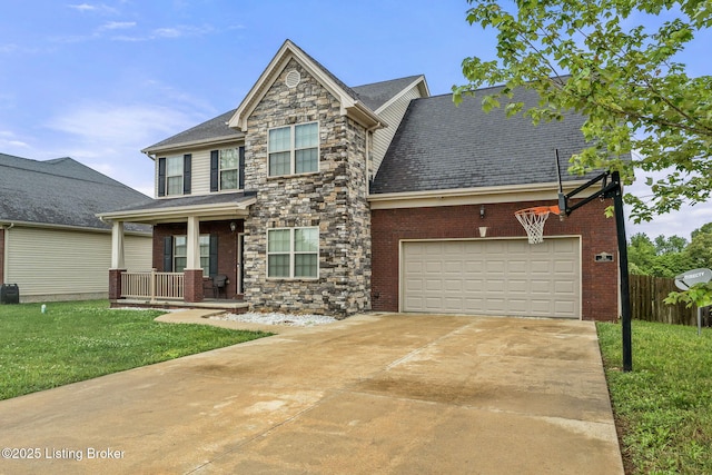 218 Sangria Dr, Vine Grove, KY 40175 - view of front of house with stone siding, covered porch, driveway, and an attached garage