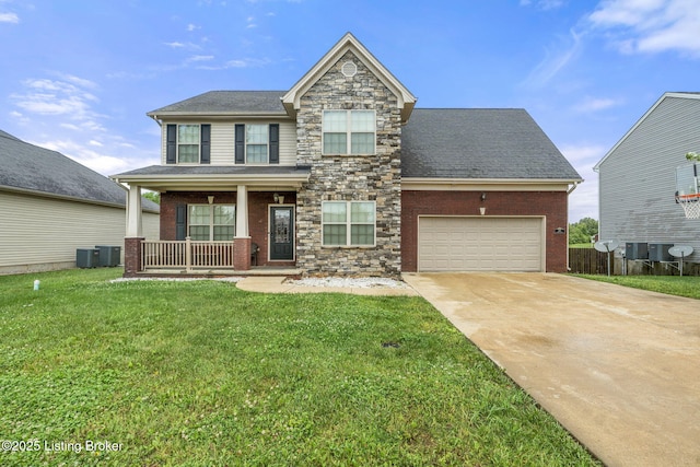 218 Sangria Dr, Vine Grove, KY 40175 - craftsman inspired home featuring covered porch, a front yard, driveway, an attached garage, and brick siding