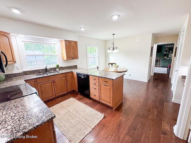 8602 Banbridge Rd, Louisville, KY 40242 - kitchen featuring black dishwasher, a sink, dark wood-style flooring, and a peninsula
