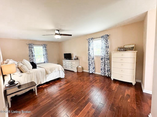 8602 Banbridge Rd, Louisville, KY 40242 - bedroom featuring multiple windows, dark wood-style floors, baseboards, and ceiling fan