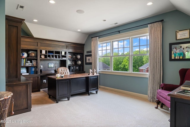 office area with lofted ceiling, light carpet, recessed lighting, baseboards, and built in shelves