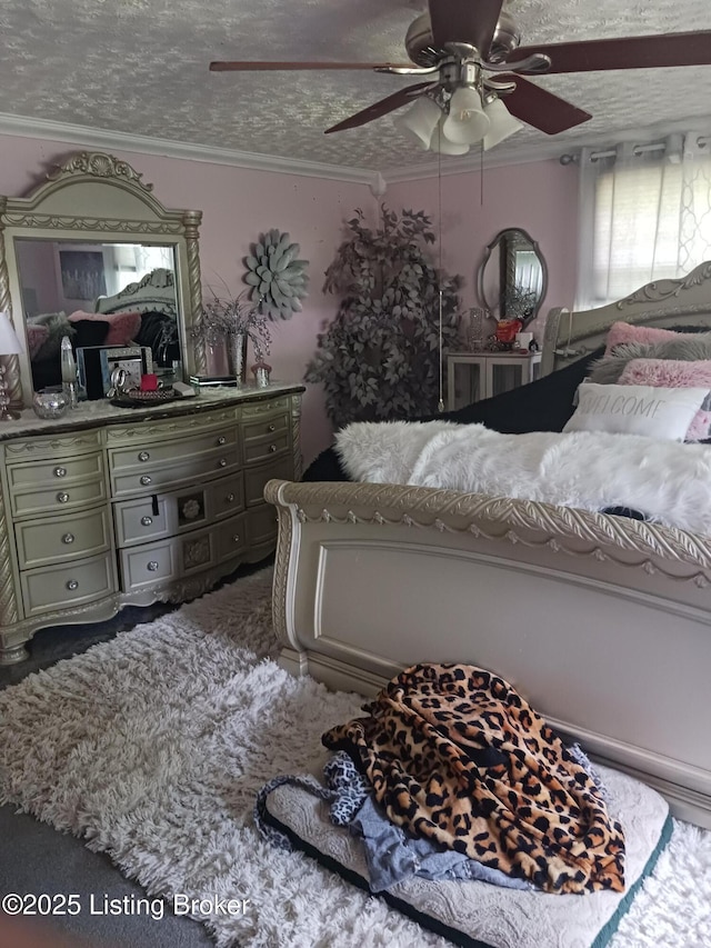7702 Edna M Rd, Louisville, KY 40258 - carpeted bedroom with a ceiling fan, crown molding, and a textured ceiling