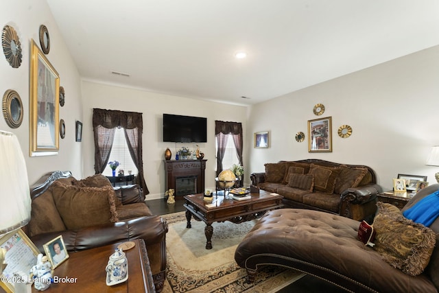 living area featuring healthy amount of natural light, a glass covered fireplace, and wood finished floors