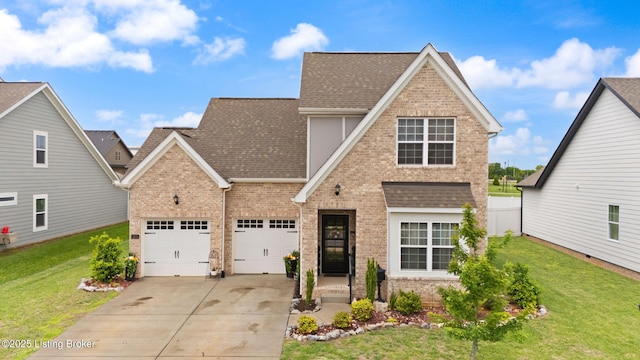 view of front facade with concrete driveway, a shingled roof, brick siding, a front lawn, and an attached garage
