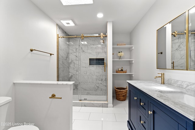 3304 S Camden Ln, Crestwood, KY 40014 - bathroom featuring a stall shower, toilet, tile patterned floors, and double vanity