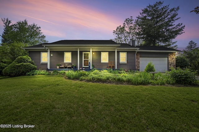 3304 S Camden Ln, Crestwood, KY 40014 - ranch-style home featuring a porch, a front yard, a garage, a chimney, and stone siding