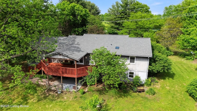 3304 S Camden Ln, Crestwood, KY 40014 - rear view of house with roof with shingles, a wooden deck, a yard, and a forest view