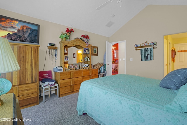 bedroom featuring carpet, a ceiling fan, and high vaulted ceiling