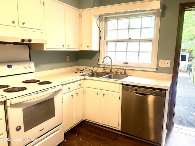 2227 Bradford Dr, Louisville, KY 40218 - kitchen featuring white electric range, dishwasher, under cabinet range hood, a sink, and dark wood-type flooring