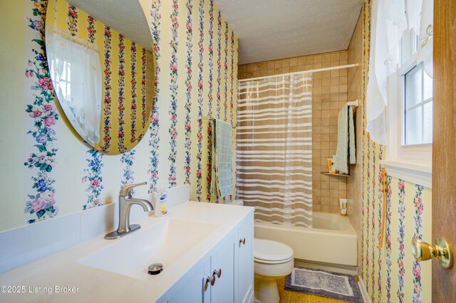 7003 Red Plum Ter, Pewee Valley, KY 40056 - bathroom with a textured ceiling, toilet, vanity, and shower / bath combination with curtain