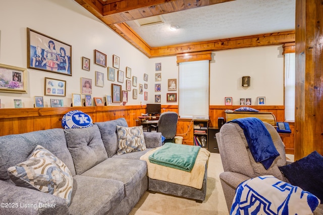 7003 Red Plum Ter, Pewee Valley, KY 40056 - living area featuring carpet, an office area, wainscoting, a textured ceiling, and attic access